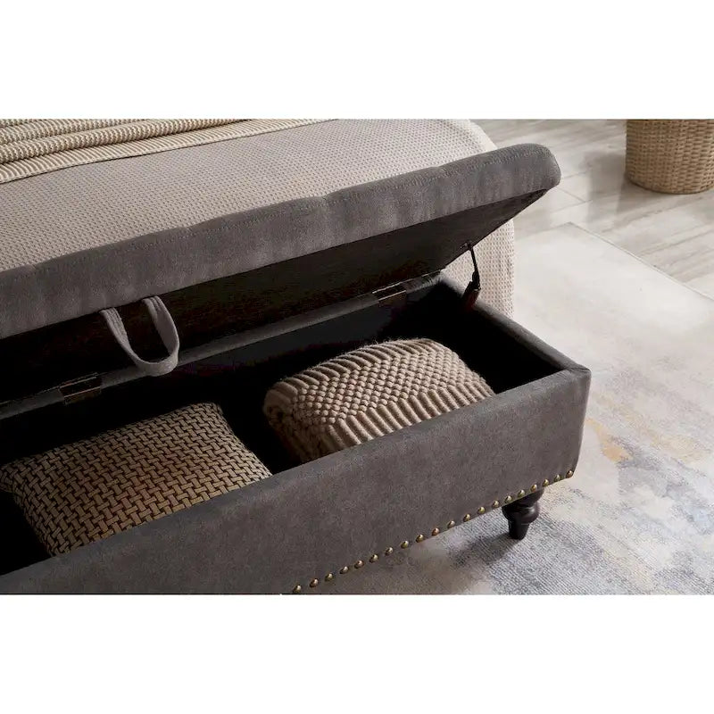 59" Storage Bench with Button-Tufted Seat - Cotton Linen, Solid Wood Legs, 500lbs Capacity, Bedroom/Entryway