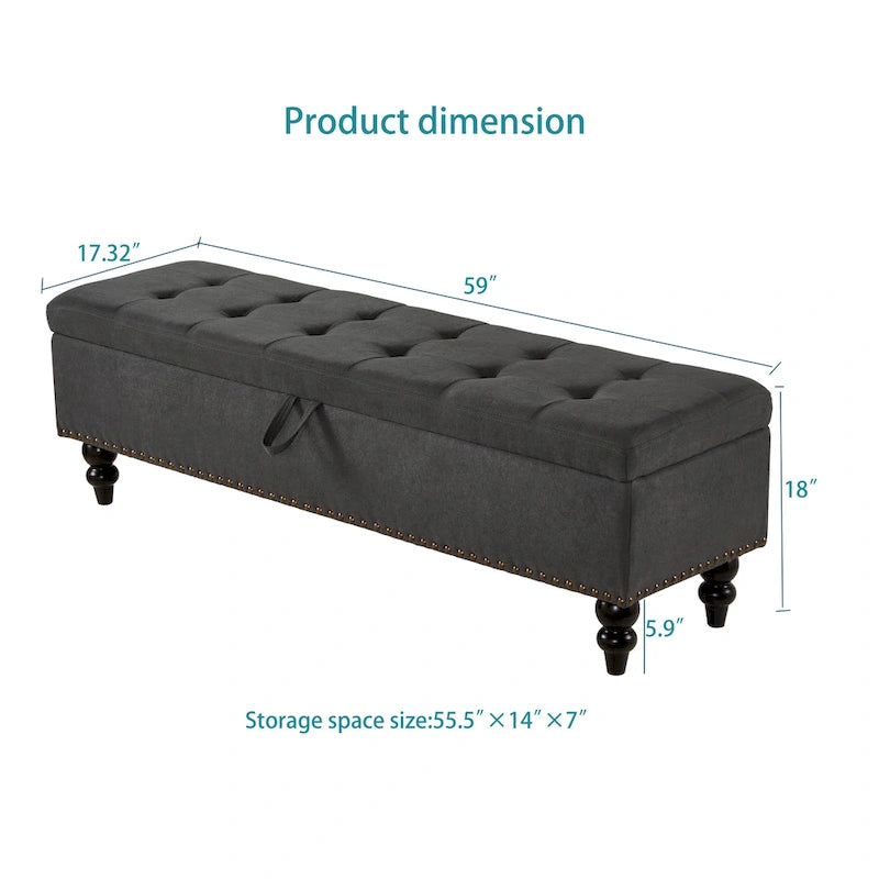 59" Storage Bench with Button-Tufted Seat - Cotton Linen, Solid Wood Legs, 500lbs Capacity, Bedroom/Entryway
