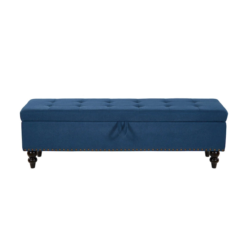 59" Storage Bench with Button-Tufted Seat - Cotton Linen, Solid Wood Legs, 500lbs Capacity, Bedroom/Entryway