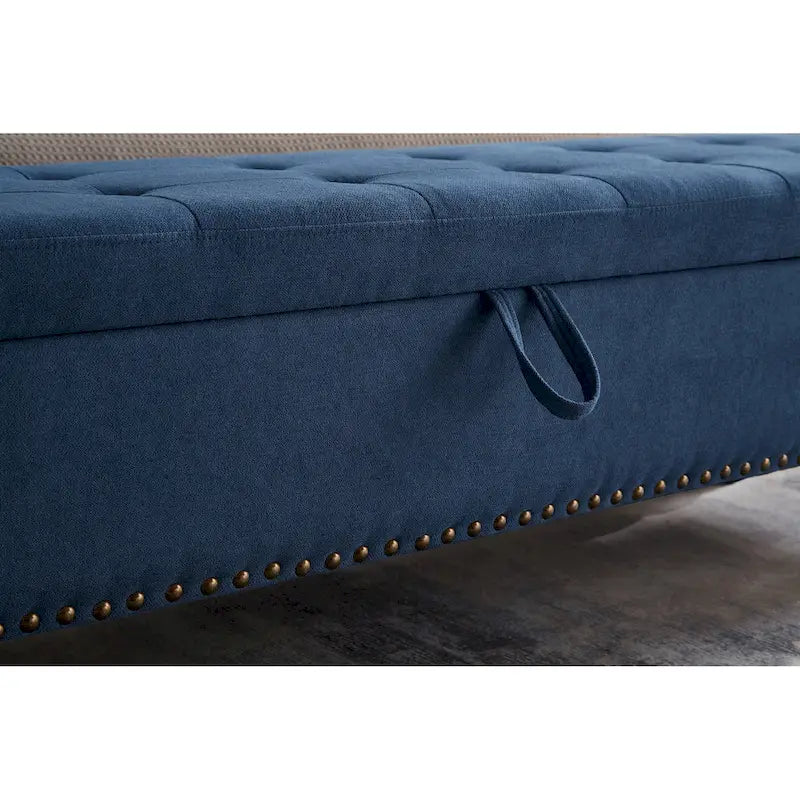 59" Storage Bench with Button-Tufted Seat - Cotton Linen, Solid Wood Legs, 500lbs Capacity, Bedroom/Entryway