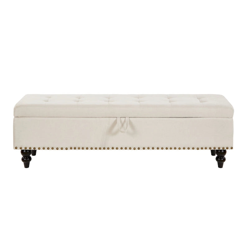 59" Storage Bench with Button-Tufted Seat - Cotton Linen, Solid Wood Legs, 500lbs Capacity, Bedroom/Entryway