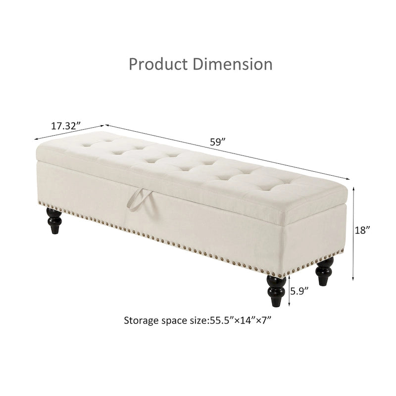 59" Storage Bench with Button-Tufted Seat - Cotton Linen, Solid Wood Legs, 500lbs Capacity, Bedroom/Entryway