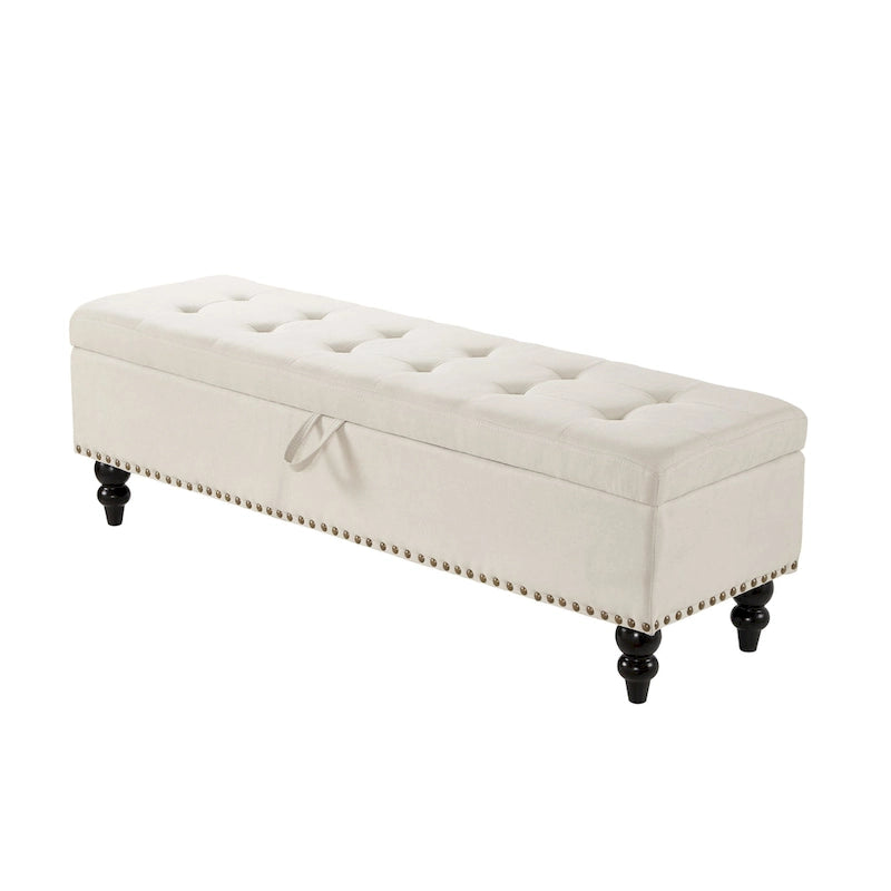 59" Storage Bench with Button-Tufted Seat - Cotton Linen, Solid Wood Legs, 500lbs Capacity, Bedroom/Entryway