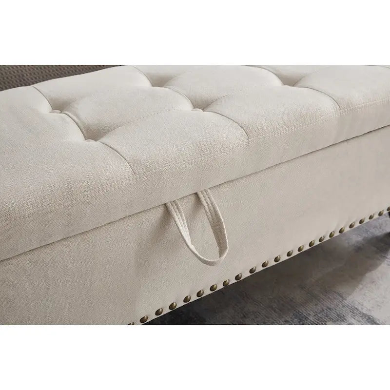 59" Storage Bench with Button-Tufted Seat - Cotton Linen, Solid Wood Legs, 500lbs Capacity, Bedroom/Entryway