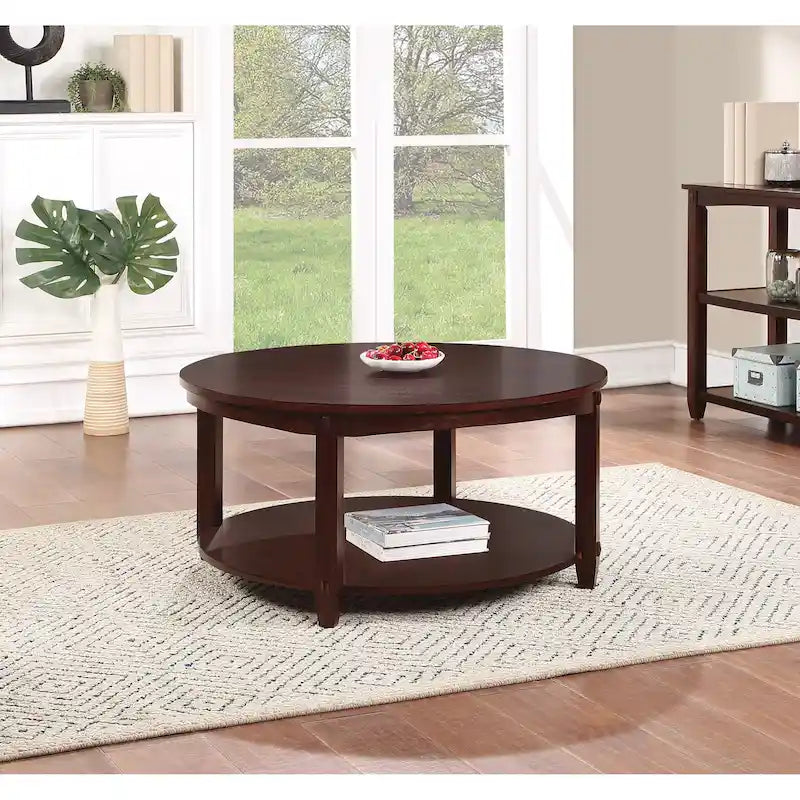Round Coffee Table with Storage Shelf - Solid Wood & Veneers, MDF Core, 2 Finish Options, Contemporary Style