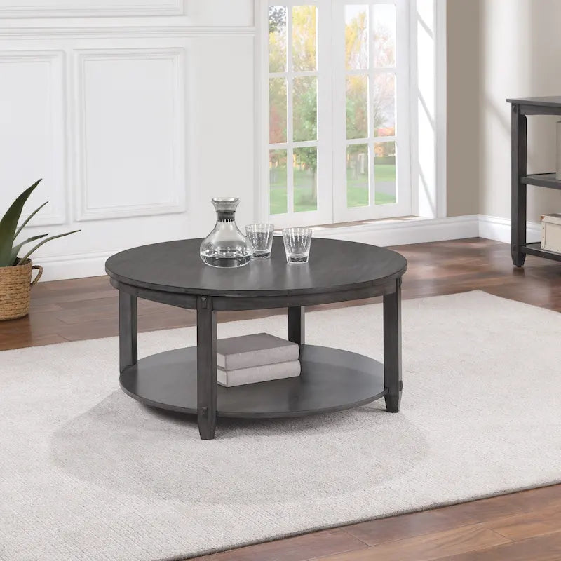 Round Coffee Table with Storage Shelf - Solid Wood & Veneers, MDF Core, 2 Finish Options, Contemporary Style