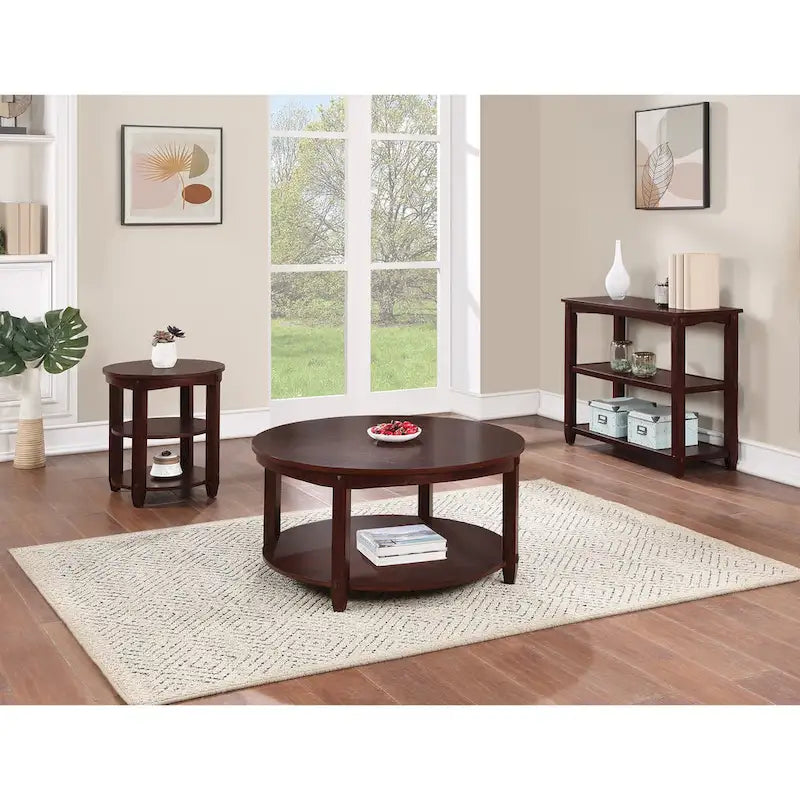 Round Coffee Table with Storage Shelf - Solid Wood & Veneers, MDF Core, 2 Finish Options, Contemporary Style