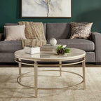 38" Round Marble Top Coffee Table - Champagne Silver Frame, Metal Tube, MDF, Modern Style, Assembly Required