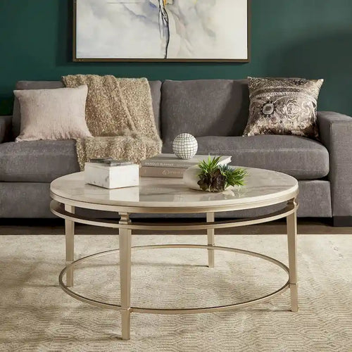 38" Round Marble Top Coffee Table - Champagne Silver Frame, Metal Tube, MDF, Modern Style, Assembly Required