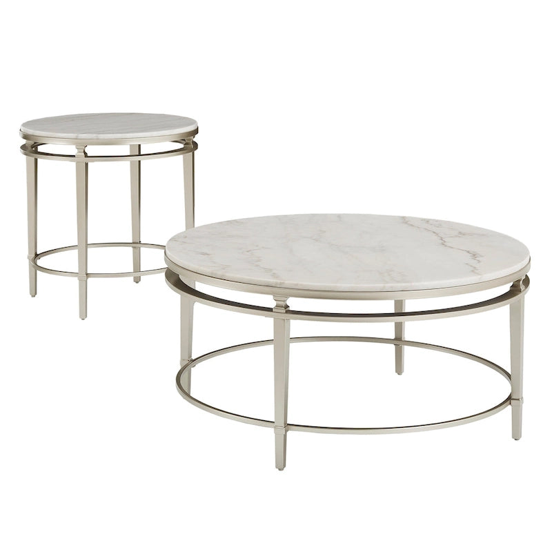 38" Round Marble Top Coffee Table - Champagne Silver Frame, Metal Tube, MDF, Modern Style, Assembly Required