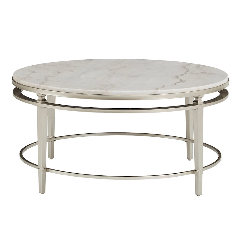 38" Round Marble Top Coffee Table - Champagne Silver Frame, Metal Tube, MDF, Modern Style, Assembly Required
