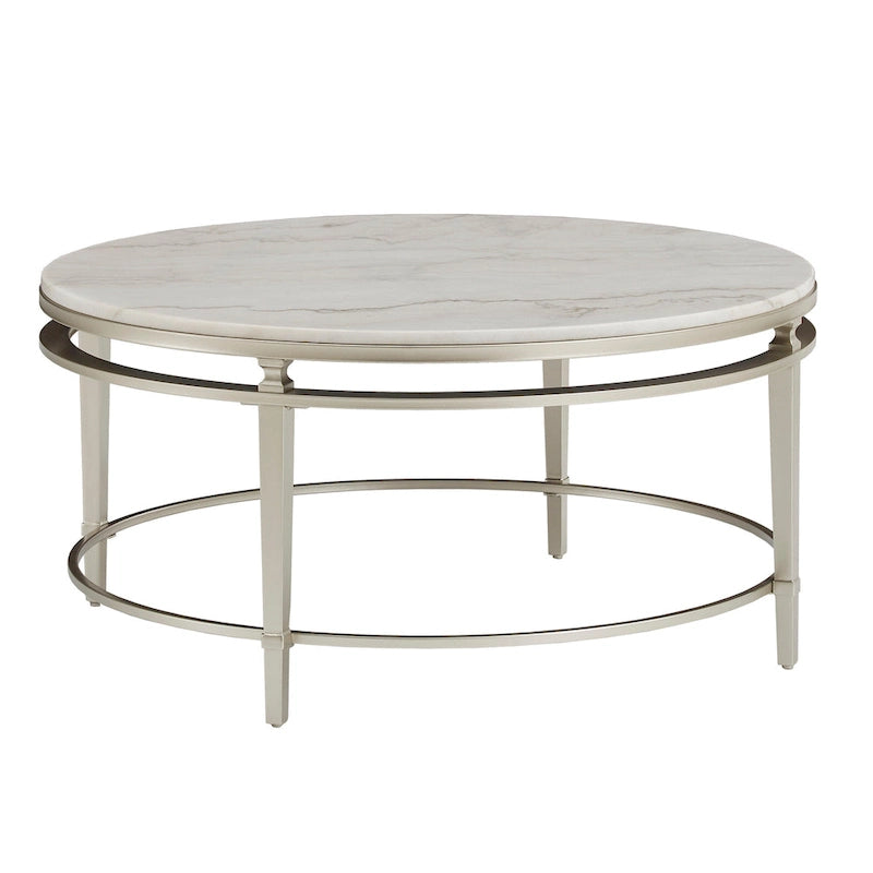 38" Round Marble Top Coffee Table - Champagne Silver Frame, Metal Tube, MDF, Modern Style, Assembly Required