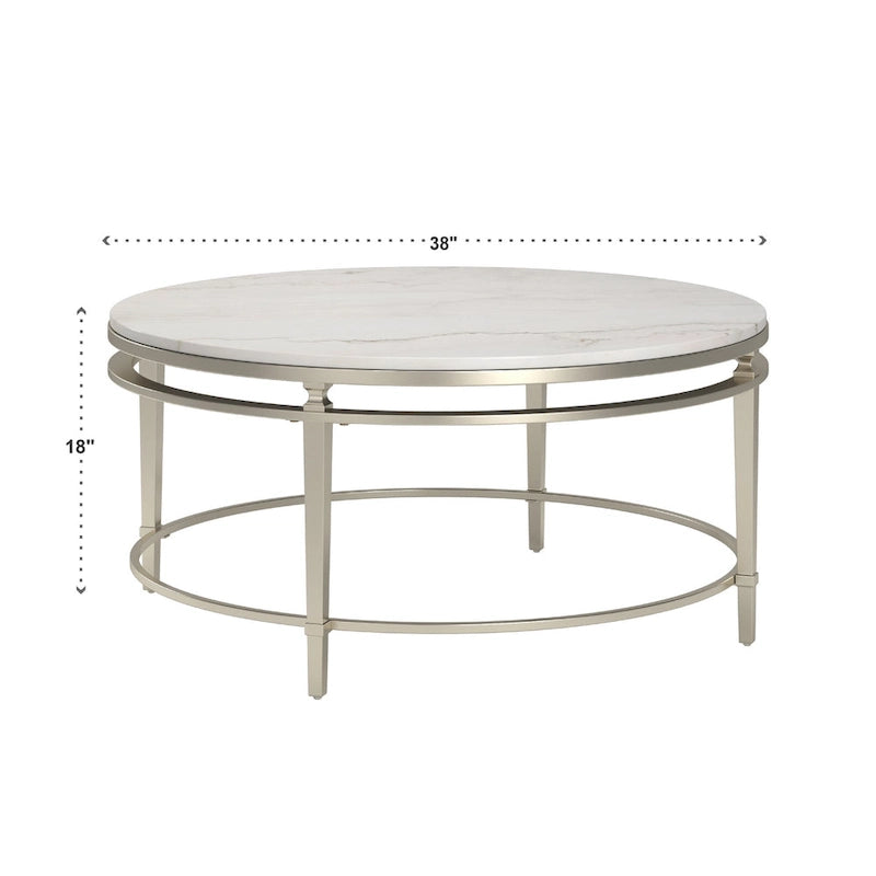 38" Round Marble Top Coffee Table - Champagne Silver Frame, Metal Tube, MDF, Modern Style, Assembly Required