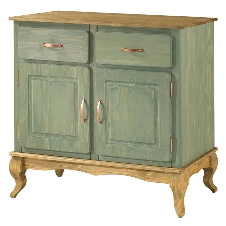 Wood Buffet Sideboard - Solid Pine, Green Wax Finish, Copper Handles, Wooden Drawer Runners, Eco-Friendly