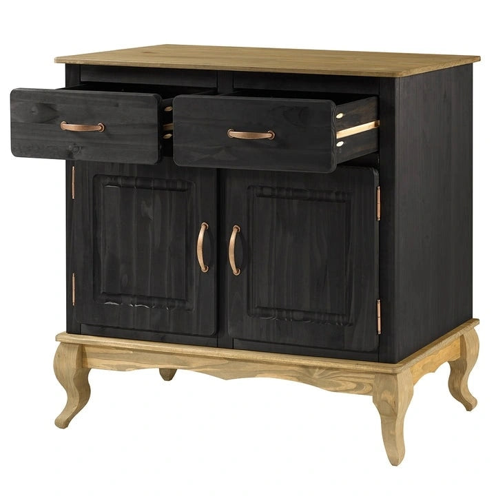 Wood Buffet Sideboard - Solid Pine, Green Wax Finish, Copper Handles, Wooden Drawer Runners, Eco-Friendly