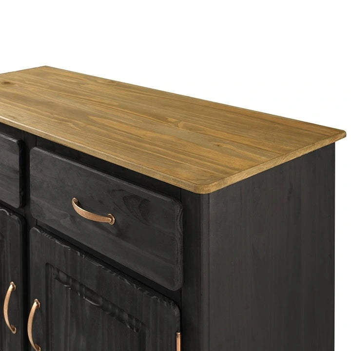 Wood Buffet Sideboard - Solid Pine, Green Wax Finish, Copper Handles, Wooden Drawer Runners, Eco-Friendly