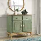 Wood Buffet Sideboard - Solid Pine, Green Wax Finish, Copper Handles, Wooden Drawer Runners, Eco-Friendly