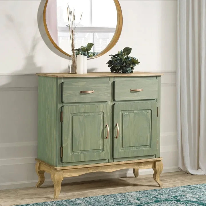 Wood Buffet Sideboard - Solid Pine, Green Wax Finish, Copper Handles, Wooden Drawer Runners, Eco-Friendly