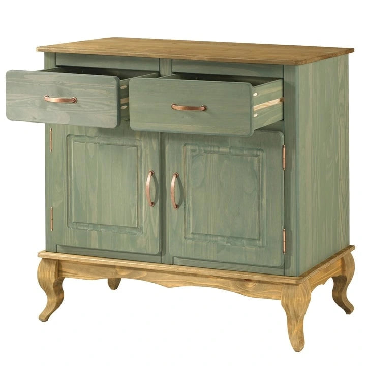 Wood Buffet Sideboard - Solid Pine, Green Wax Finish, Copper Handles, Wooden Drawer Runners, Eco-Friendly