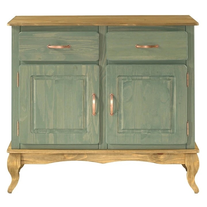 Wood Buffet Sideboard - Solid Pine, Green Wax Finish, Copper Handles, Wooden Drawer Runners, Eco-Friendly