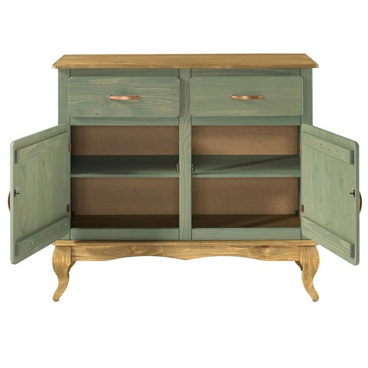 Wood Buffet Sideboard - Solid Pine, Green Wax Finish, Copper Handles, Wooden Drawer Runners, Eco-Friendly
