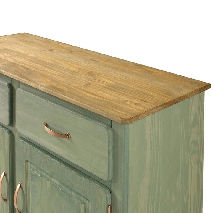 Wood Buffet Sideboard - Solid Pine, Green Wax Finish, Copper Handles, Wooden Drawer Runners, Eco-Friendly