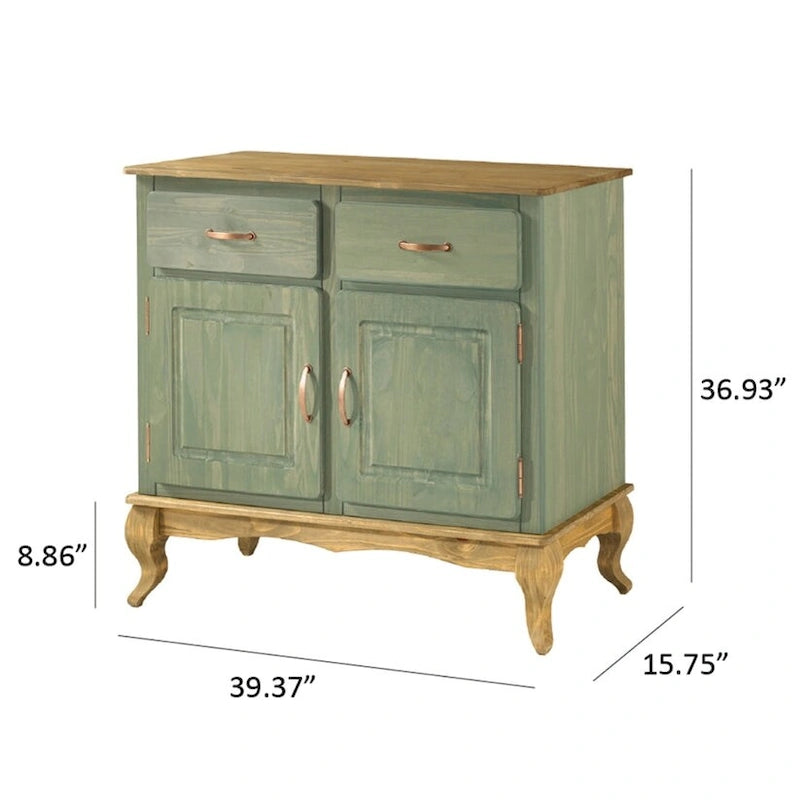 Wood Buffet Sideboard - Solid Pine, Green Wax Finish, Copper Handles, Wooden Drawer Runners, Eco-Friendly
