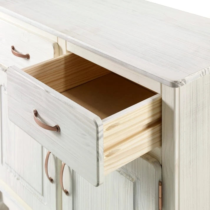 Wood Buffet Sideboard - Solid Pine, Green Wax Finish, Copper Handles, Wooden Drawer Runners, Eco-Friendly