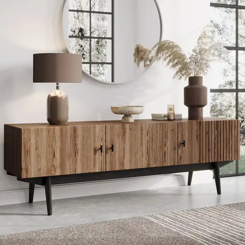 Mid-Century Scandinavian TV Stand for up to 65" TVs - Slatted Design with Storage Doors - Natural Wood Legs in Brown