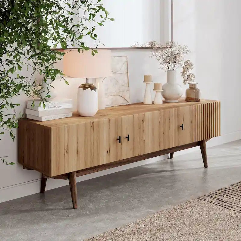 Mid-Century Scandinavian TV Stand for up to 65" TVs - Slatted Design with Storage Doors - Natural Wood Legs in Brown
