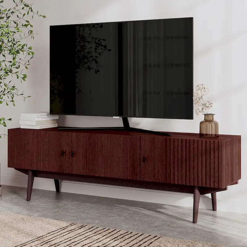 Mid-Century Scandinavian TV Stand for up to 65" TVs - Slatted Design with Storage Doors - Natural Wood Legs in Brown