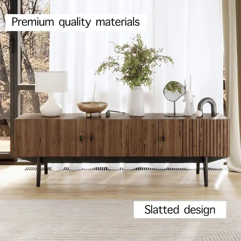 Mid-Century Scandinavian TV Stand for up to 65" TVs - Slatted Design with Storage Doors - Natural Wood Legs in Brown