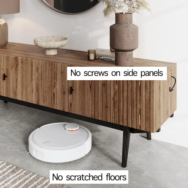 Mid-Century Scandinavian TV Stand for up to 65" TVs - Slatted Design with Storage Doors - Natural Wood Legs in Brown