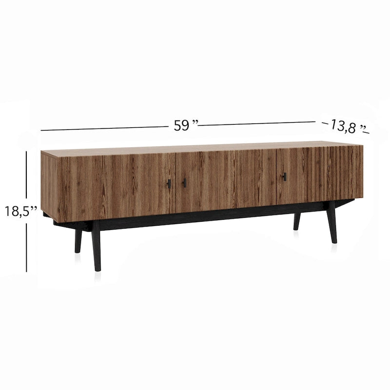 Mid-Century Scandinavian TV Stand for up to 65" TVs - Slatted Design with Storage Doors - Natural Wood Legs in Brown