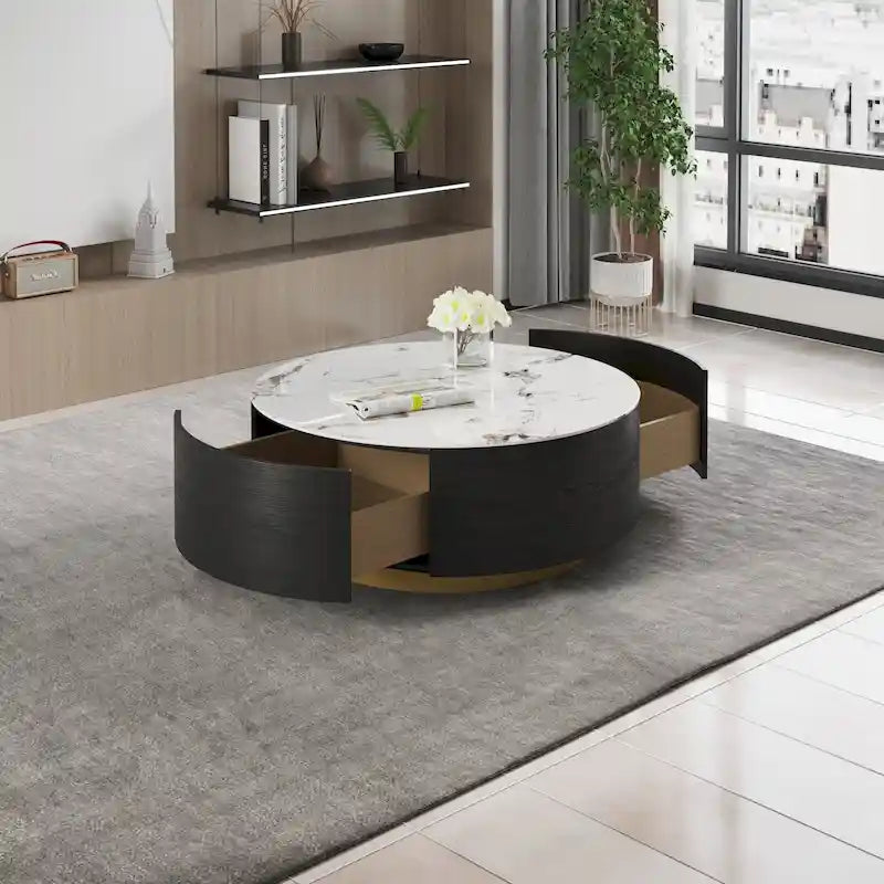 33.47" Round Coffee Table with 2 Drawers - White Sintered Stone Top, Gold Metal Base, 400lbs Capacity, Modern Style