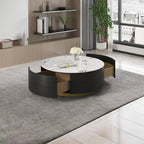 33.47" Round Coffee Table with 2 Drawers - White Sintered Stone Top, Gold Metal Base, 400lbs Capacity, Modern Style