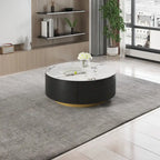 33.47" Round Coffee Table with 2 Drawers - White Sintered Stone Top, Gold Metal Base, 400lbs Capacity, Modern Style