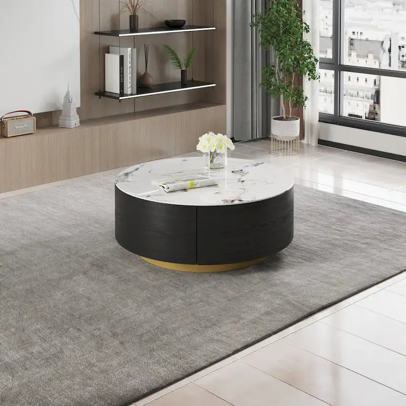 33.47" Round Coffee Table with 2 Drawers - White Sintered Stone Top, Gold Metal Base, 400lbs Capacity, Modern Style