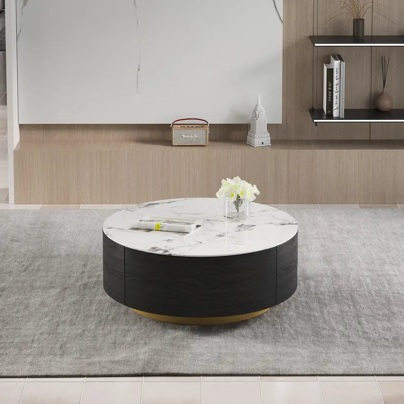 33.47" Round Coffee Table with 2 Drawers - White Sintered Stone Top, Gold Metal Base, 400lbs Capacity, Modern Style