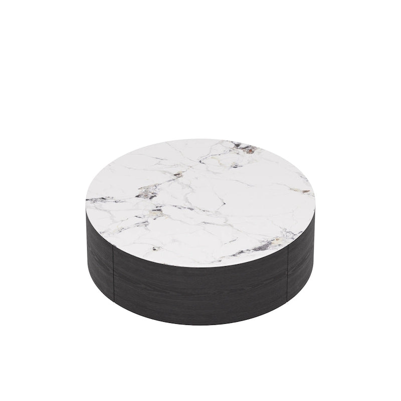 33.47" Round Coffee Table with 2 Drawers - White Sintered Stone Top, Gold Metal Base, 400lbs Capacity, Modern Style