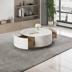 33.47" Round Coffee Table with 2 Drawers - White Sintered Stone Top, Gold Metal Base, 400lbs Capacity, Modern Style