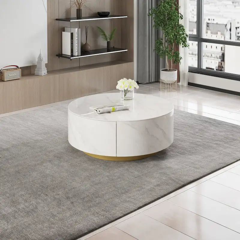 33.47" Round Coffee Table with 2 Drawers - White Sintered Stone Top, Gold Metal Base, 400lbs Capacity, Modern Style