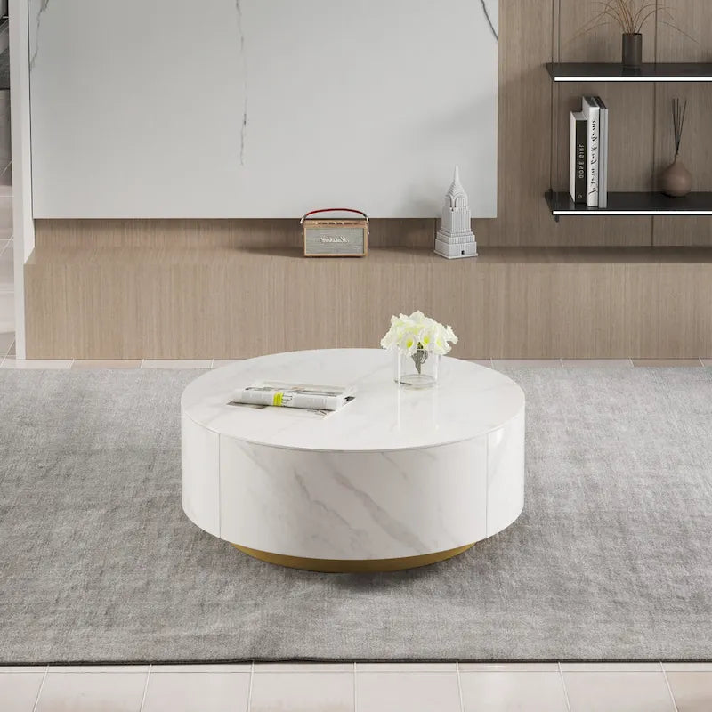 33.47" Round Coffee Table with 2 Drawers - White Sintered Stone Top, Gold Metal Base, 400lbs Capacity, Modern Style
