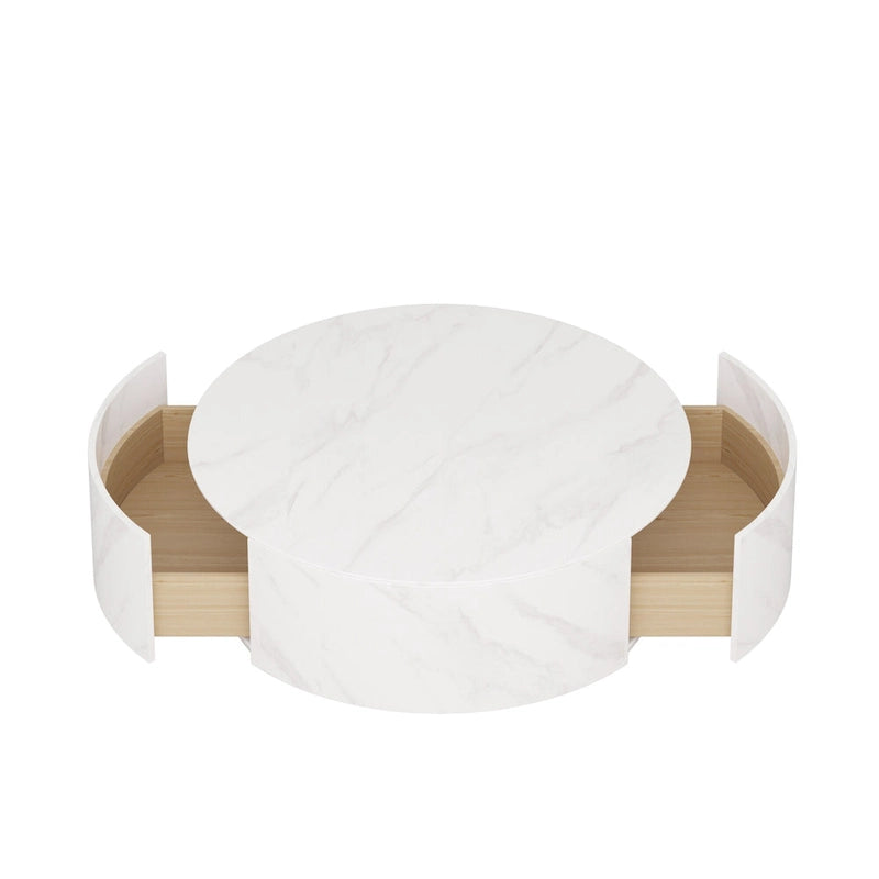 33.47" Round Coffee Table with 2 Drawers - White Sintered Stone Top, Gold Metal Base, 400lbs Capacity, Modern Style