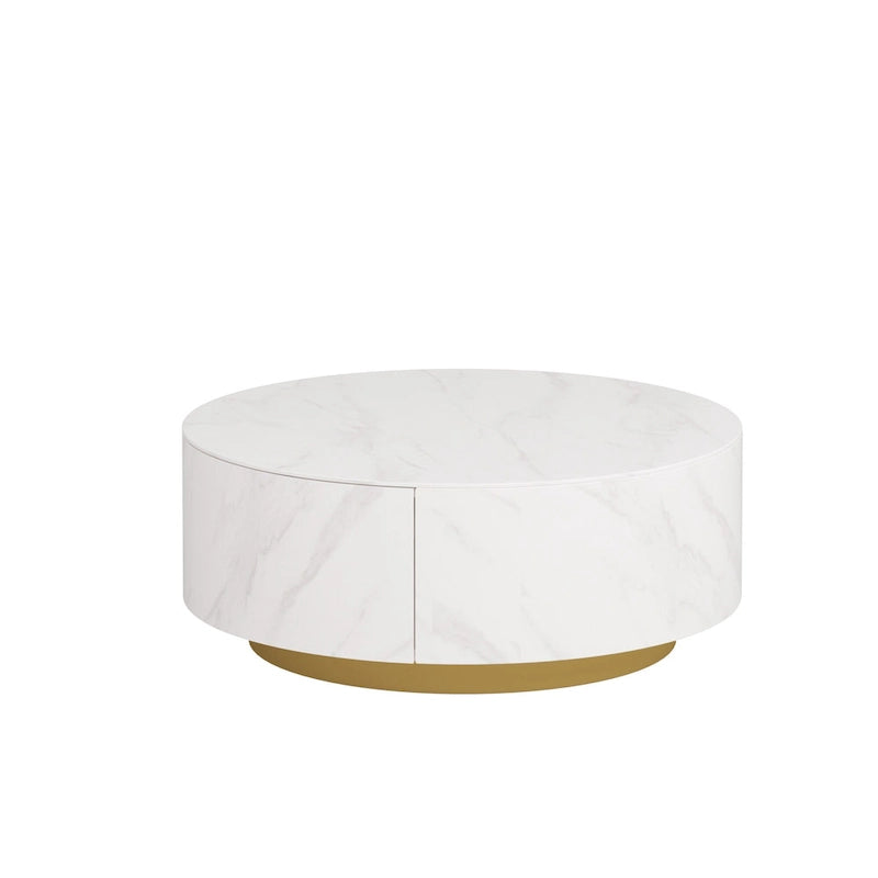 33.47" Round Coffee Table with 2 Drawers - White Sintered Stone Top, Gold Metal Base, 400lbs Capacity, Modern Style