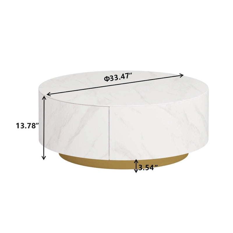 33.47" Round Coffee Table with 2 Drawers - White Sintered Stone Top, Gold Metal Base, 400lbs Capacity, Modern Style
