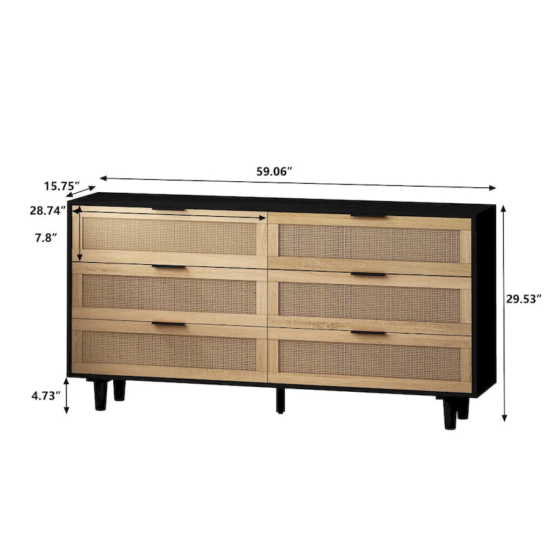 59.06" Storage Cabinet with 6 Rattan Drawers - Chipboard, Black, 50lbs Top Capacity, Anti-Tipping Device