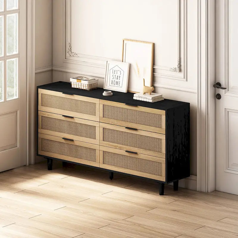 59.06" Storage Cabinet with 6 Rattan Drawers - Chipboard, Black, 50lbs Top Capacity, Anti-Tipping Device