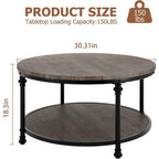 30.3" Round Coffee Table - 2-Tier Storage Shelf, Roman Column Metal Legs, MDF, 150lbs Capacity, Vintage Style