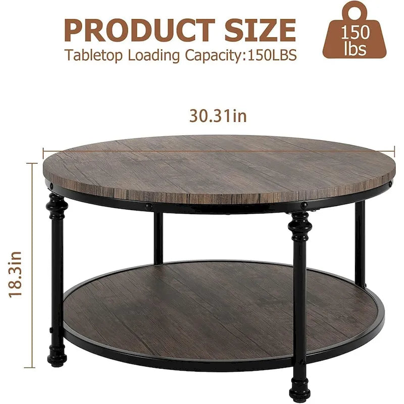 30.3" Round Coffee Table - 2-Tier Storage Shelf, Roman Column Metal Legs, MDF, 150lbs Capacity, Vintage Style